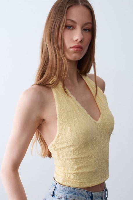 Damen Spitze Neckholder Crop Bluse - Image 3