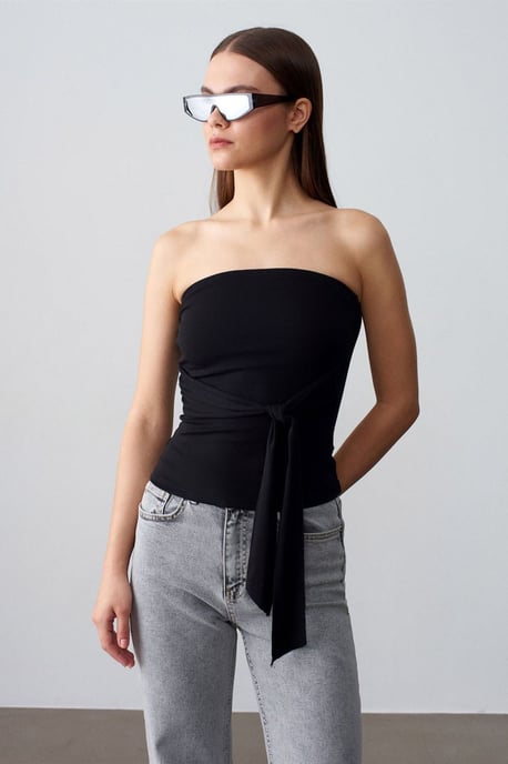 Trägerlose Slim-Fit-Jersey-Bluse mit Bindedetail - Image 3