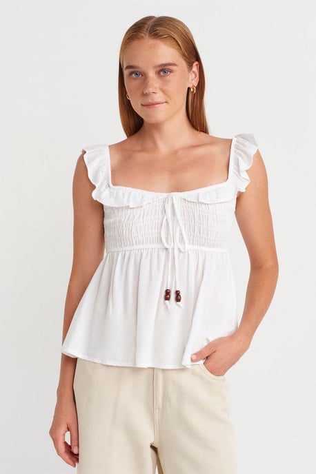Ärmellose Bluse mit quadratischem Ausschnitt und Bindeband vorne - Image 1