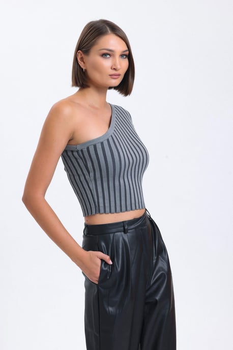 Gestreifte Ein-Schulter Gestrickte Rippen Cropped Bluse - Image 2