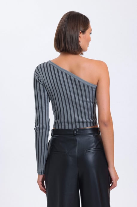 Gestreifte Ein-Schulter Gestrickte Rippen Cropped Bluse - Image 3