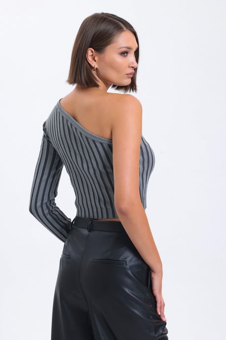 Gestreifte Ein-Schulter Gestrickte Rippen Cropped Bluse - Image 4