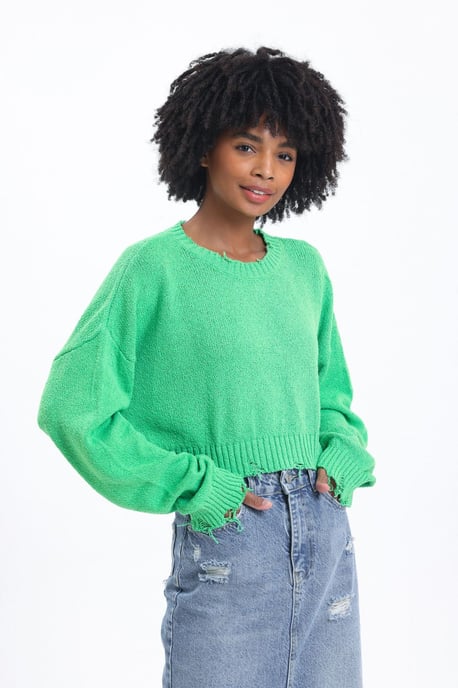 Unifarbener Rundhals-Ripp-Strickpullover im Crop-Format - Image 3