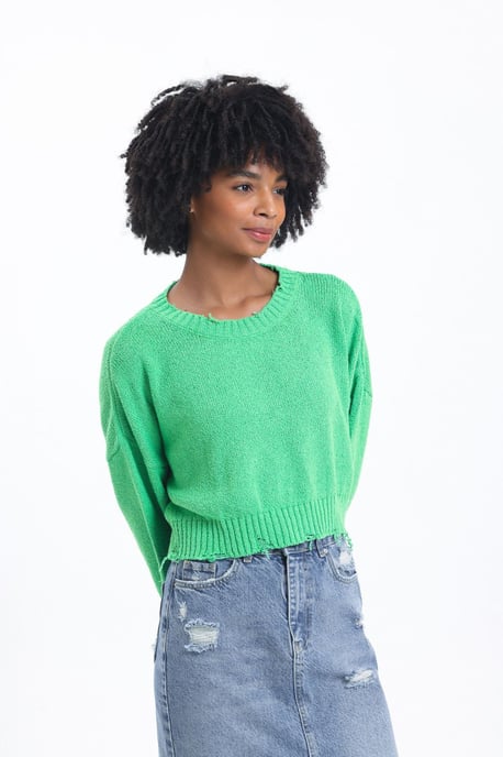 Unifarbener Rundhals-Ripp-Strickpullover im Crop-Format - Image 4