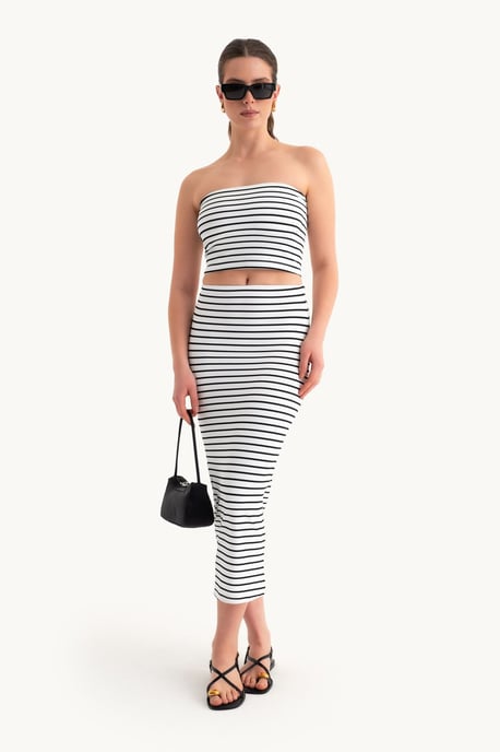 2 Teile: Gestreiftes trägerloses Cropped Top & Gestreifte Mid-Rise Midi-Rock - Image 2