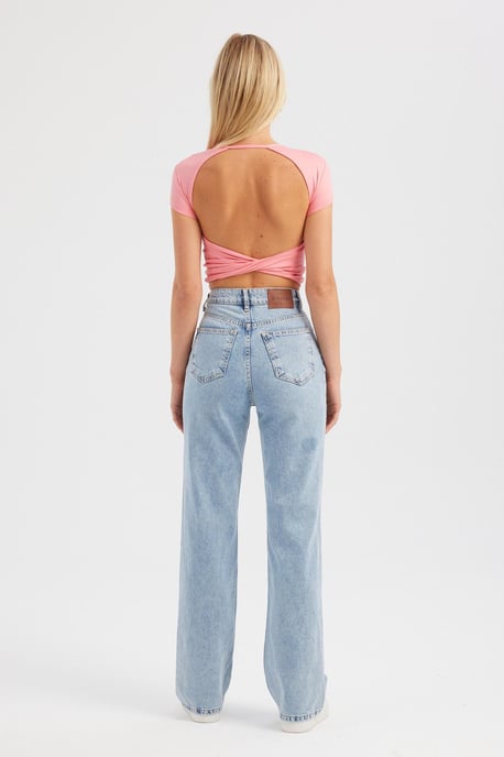 Rundhals Rückenkreuz Kurzarm Cropped Top - Image 5