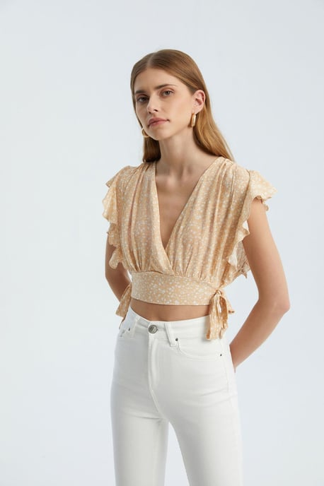 Blumiges V-Ausschnitt Crop Top mit Seitenschnürung - Image 2