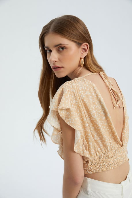 Blumiges V-Ausschnitt Crop Top mit Seitenschnürung - Image 3