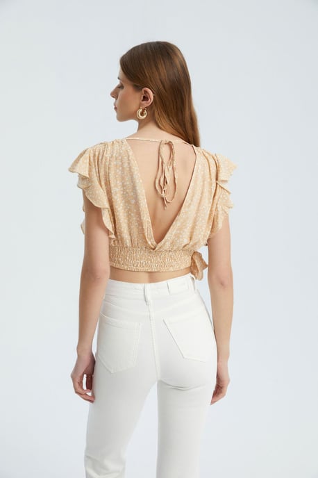 Blumiges V-Ausschnitt Crop Top mit Seitenschnürung - Image 4