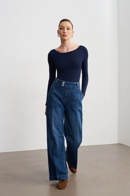 Hoch Taillenweite Bein Baumwoll-Denim-Jeans - Image 4