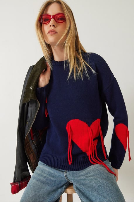 Rüschen-Herz-Muster Rundhals-Pullover - Image 1