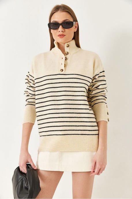 Knopfkragen gestreifter Strickpullover - Image 2