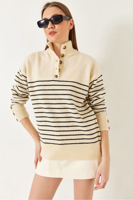 Knopfkragen gestreifter Strickpullover - Image 4