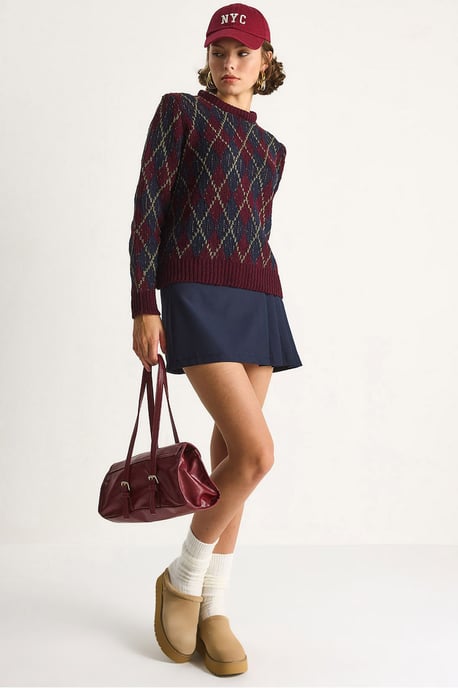Damen Rundhals Strickpullover mit Rautenmuster - Image 1