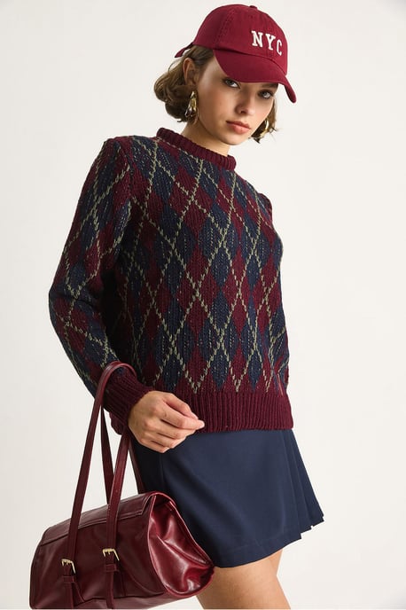 Damen Rundhals Strickpullover mit Rautenmuster - Image 2