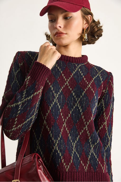 Damen Rundhals Strickpullover mit Rautenmuster - Image 3