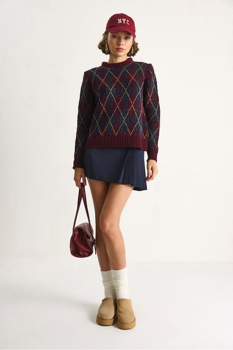 Damen Rundhals Strickpullover mit Rautenmuster - Image 4
