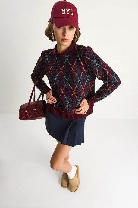 Damen Rundhals Strickpullover mit Rautenmuster - Image 5