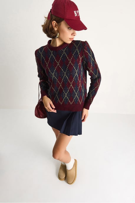 Damen Rundhals Strickpullover mit Rautenmuster - Image 6