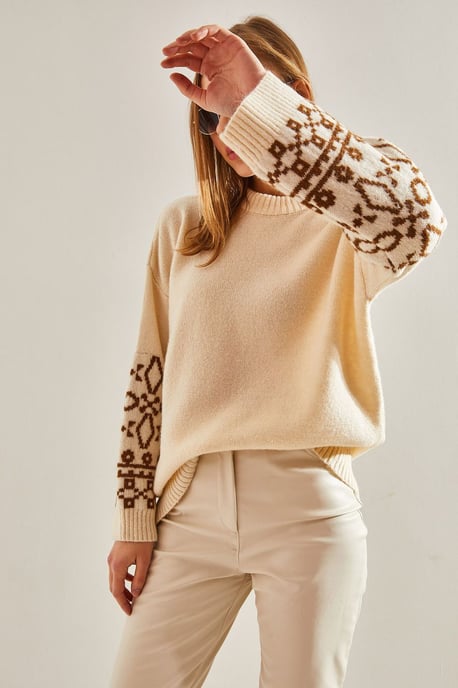 Rundhals-Jacquard-Strickpullover mit Stickerei - Image 3