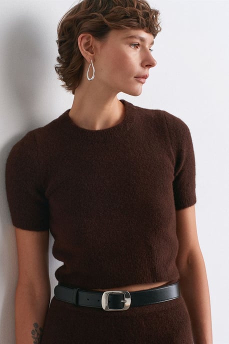 Damen Rippstrick Rundhals Kurzarmpullover - Image 1
