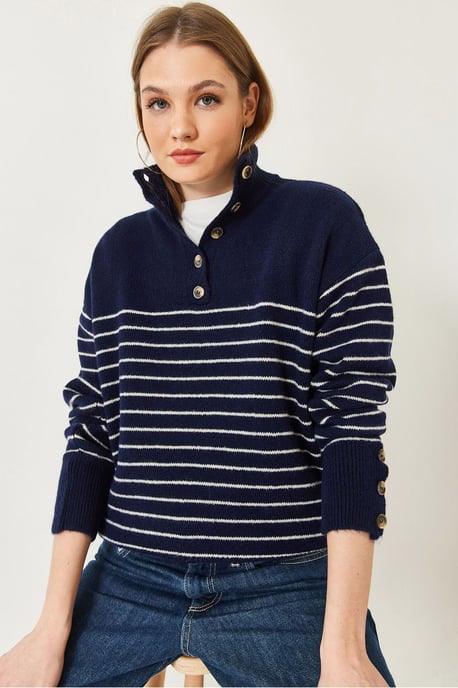 Knopfkragen gestreifter Strickpullover - Image 1