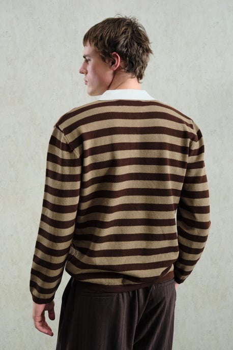 Polo-Kragen gestreifter Strickpullover mit Knopfverschluss - Image 3