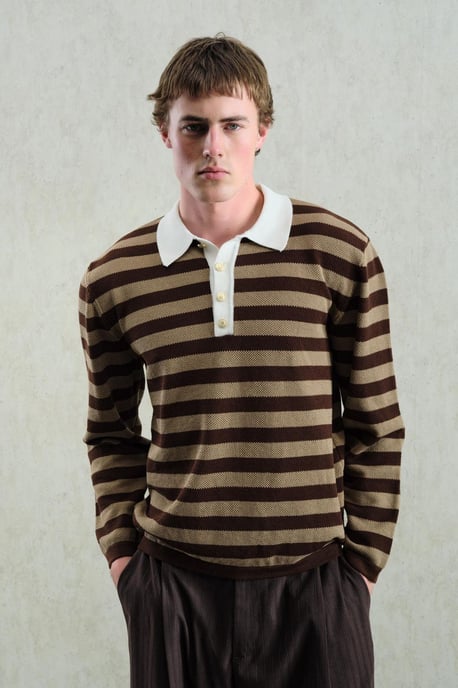 Polo-Kragen gestreifter Strickpullover mit Knopfverschluss - Image 4