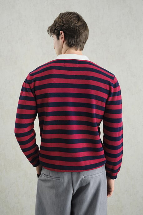 Gestreifter Rippstrick-Pullover mit Polo-Kragen - Image 2