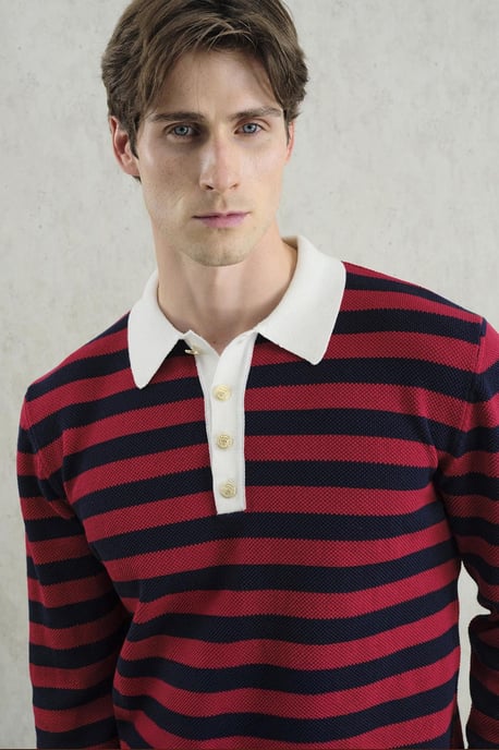 Gestreifter Rippstrick-Pullover mit Polo-Kragen - Image 3