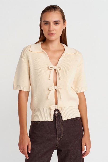 Damen Rippstrick-Acryl-Polo-Cardigan mit Bindeband vorne - Image 1