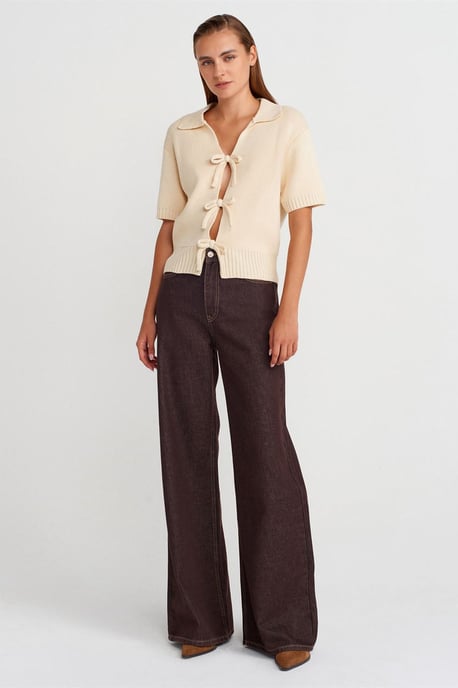 Damen Rippstrick-Acryl-Polo-Cardigan mit Bindeband vorne - Image 4