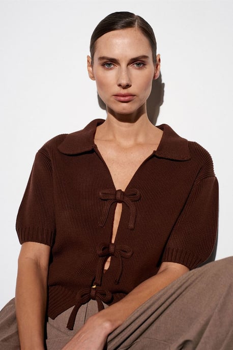 Damen Rippstrick-Acryl Polo-Cardigan mit Schleifenfront - Image 1