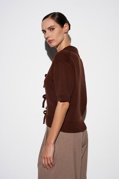 Damen Rippstrick-Acryl Polo-Cardigan mit Schleifenfront - Image 2