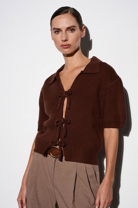 Damen Rippstrick-Acryl Polo-Cardigan mit Schleifenfront - Image 5