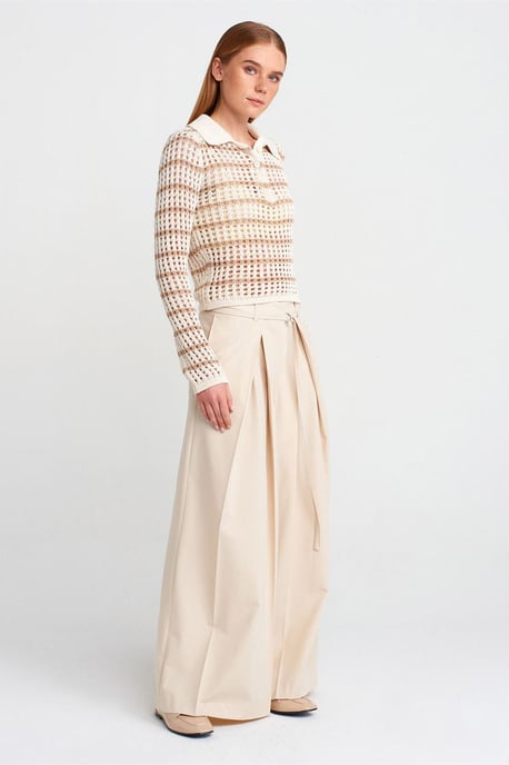 Gestreifter Polo-Kragen Knopf Strickpullover - Image 3