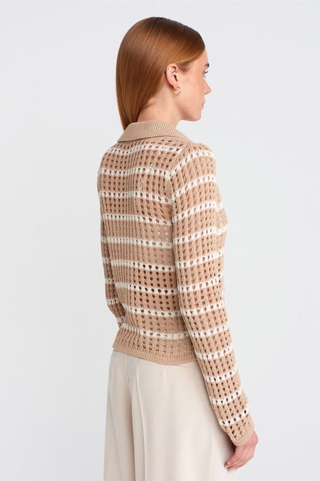 Gestreifter Polo-Kragen Knopf Strickpullover - Image 2