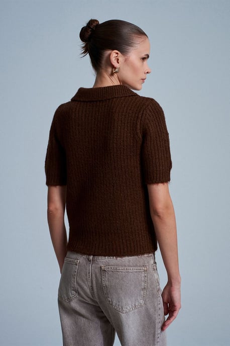 Strukturierter gerippter Polo-Kragen-Pullover - Image 3
