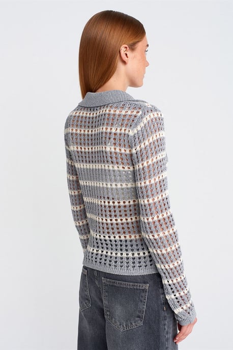 Gestreifter Polo-Kragen Knopfstrickpullover - Image 2
