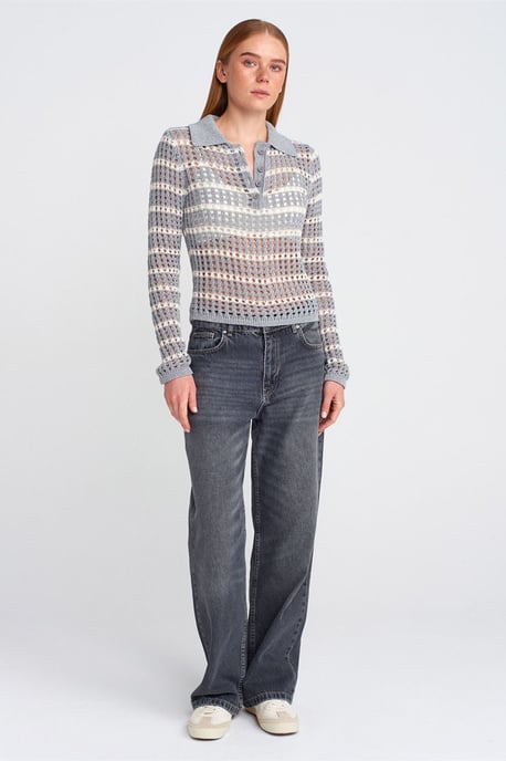 Gestreifter Polo-Kragen Knopfstrickpullover - Image 3