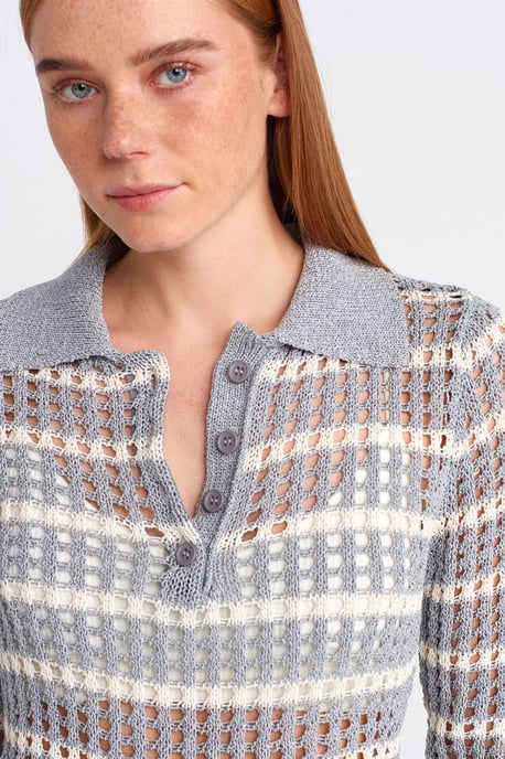Gestreifter Polo-Kragen Knopfstrickpullover - Image 4