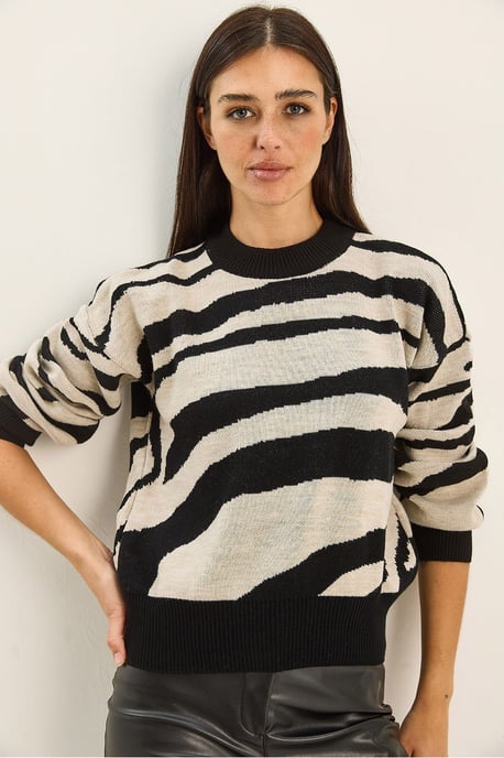 Dicker Strick-Zebra-Print Rundhalsausschnitt-Pullover - Image 2