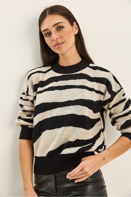Dicker Strick-Zebra-Print Rundhalsausschnitt-Pullover - Image 3