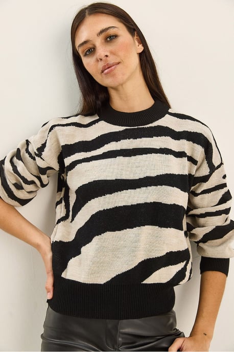 Dicker Strick-Zebra-Print Rundhalsausschnitt-Pullover - Image 4