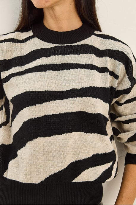 Dicker Strick-Zebra-Print Rundhalsausschnitt-Pullover - Image 5