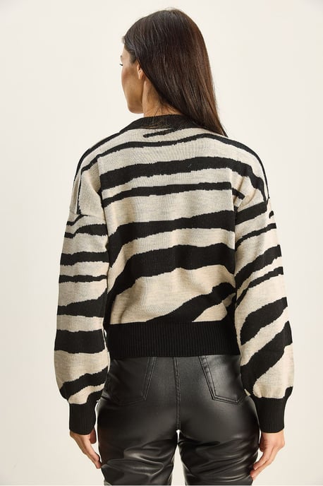 Dicker Strick-Zebra-Print Rundhalsausschnitt-Pullover - Image 6