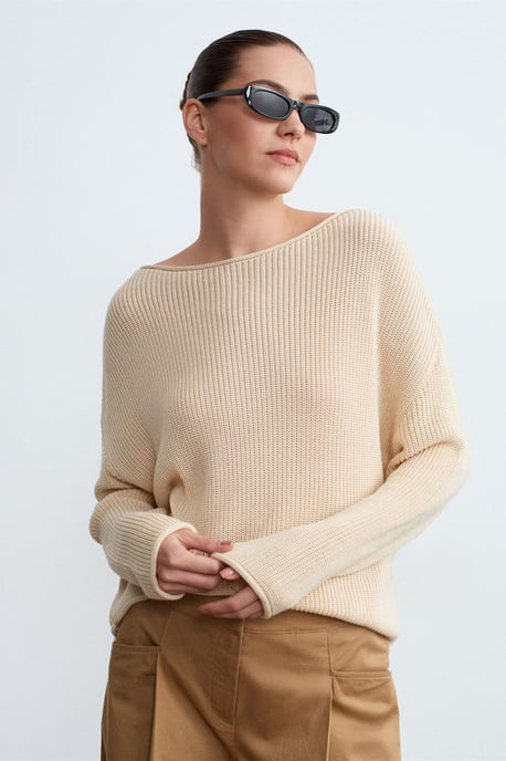 Damen Rippstrick Boot-Ausschnitt Strickpullover - Image 1