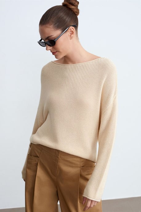 Damen Rippstrick Boot-Ausschnitt Strickpullover - Image 2