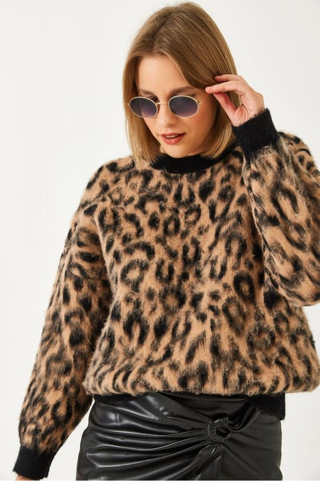 Leopardenmuster Rundhalsausschnitt Strickpullover - Image 1
