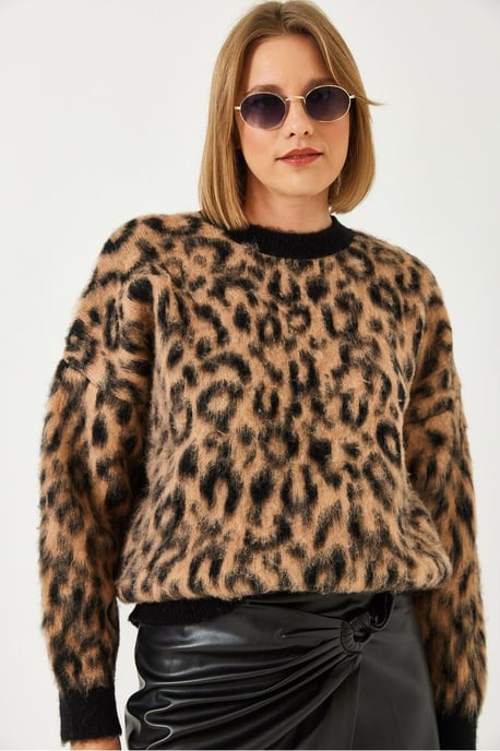 Leopardenmuster Rundhalsausschnitt Strickpullover - Image 2